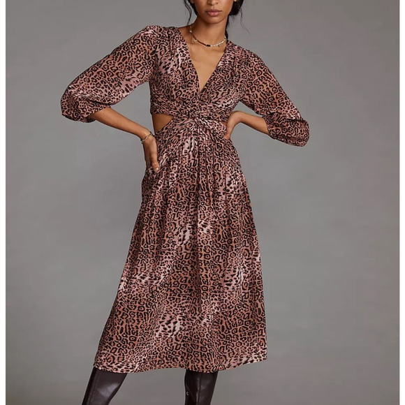 Ranna Gill x Anthropologie Long Sleeve Cutout Leopard Maxi Dress Size XSmall - Picture 1 of 8
